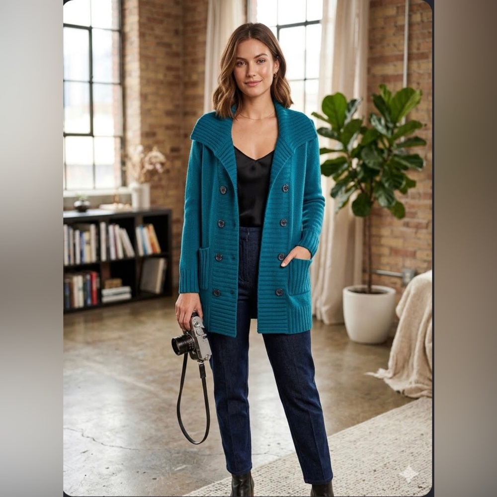 Leina | chunk knit teal cardigan with front pockets | size M